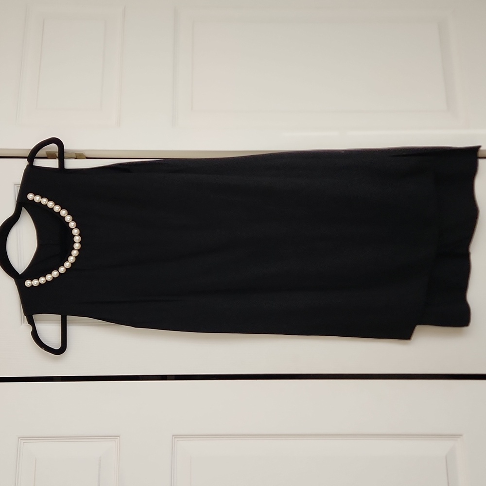 Black Sleeveless Dress Faux Pearl Trim Neck Size Small